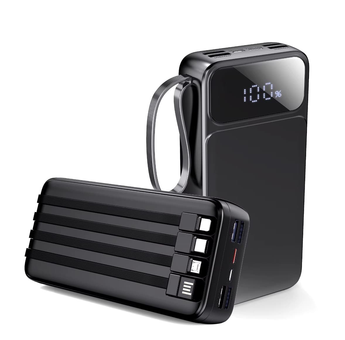 Portable charging power bank with built-in cables and digital display