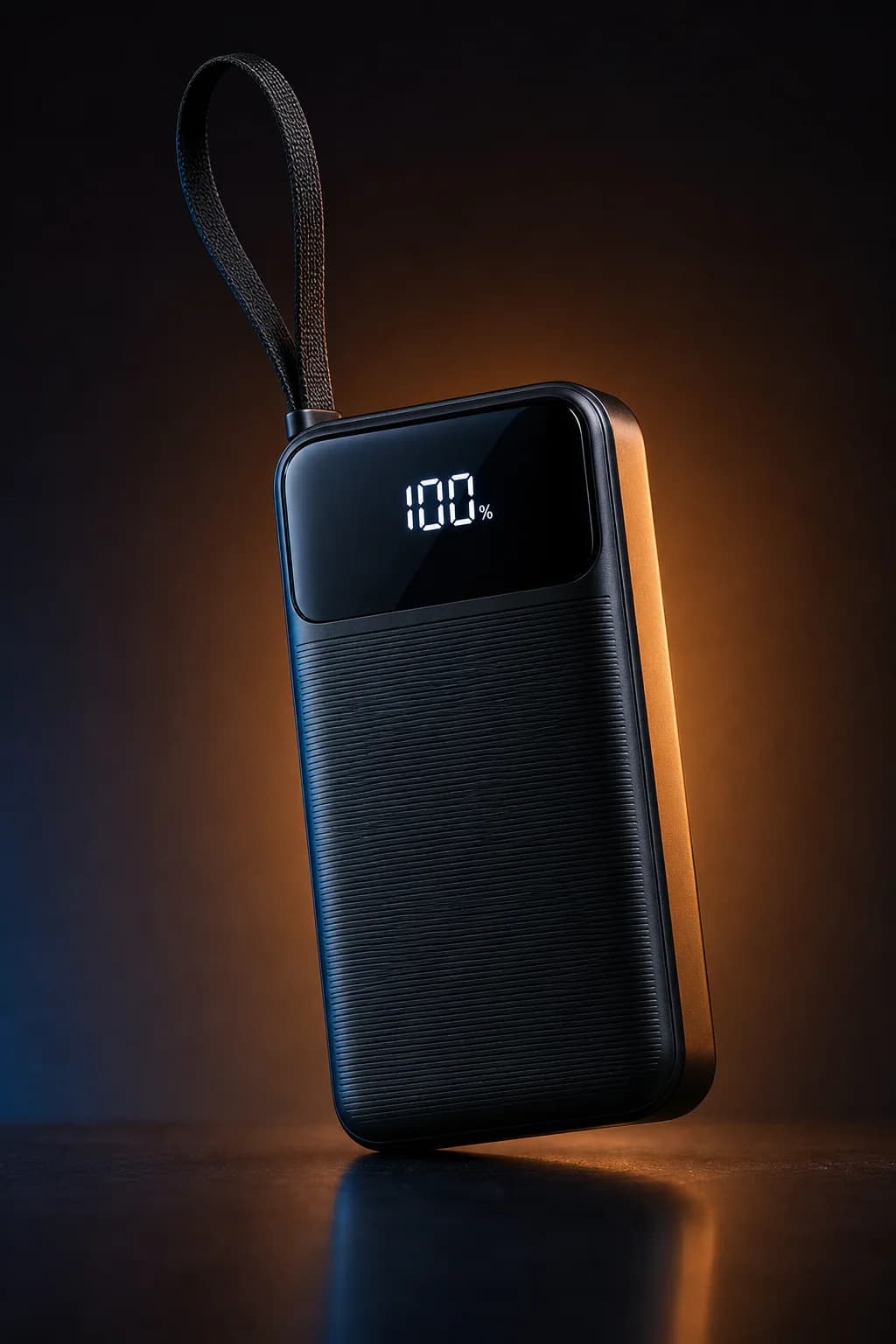 Portable charging power bank glowing with a full battery display