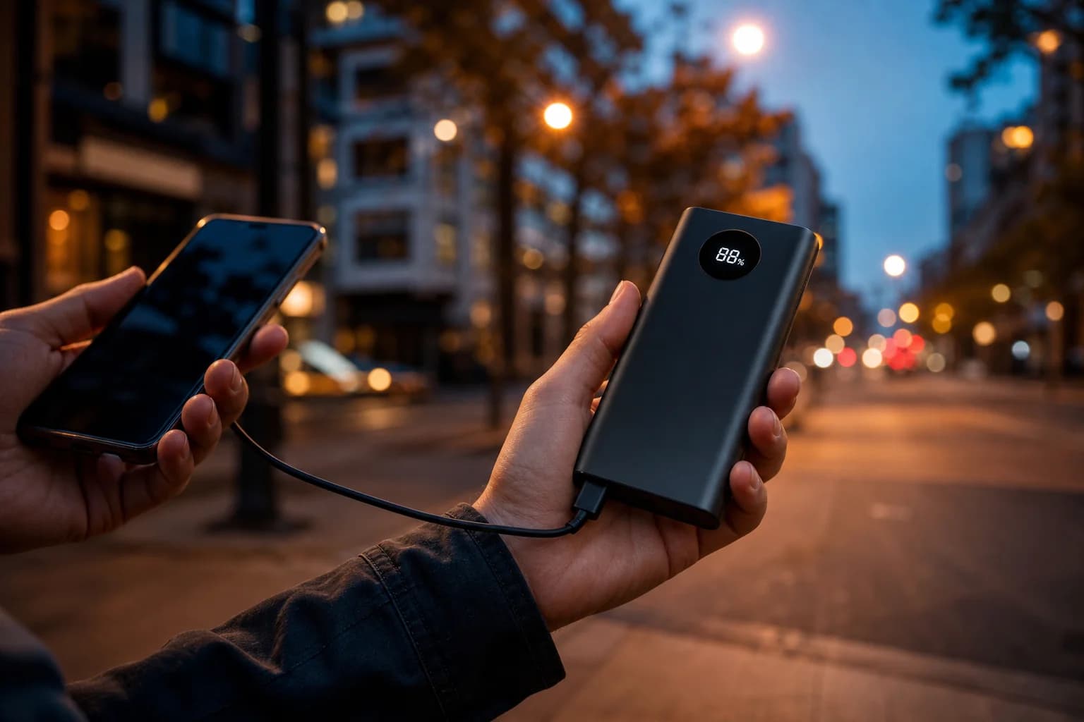 Charging a phone on a city street at dusk with the power bank