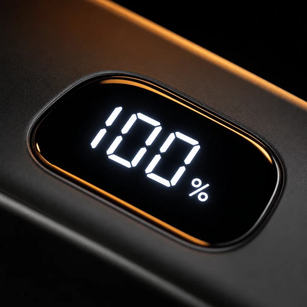 Close-up of the glowing digital battery percentage display